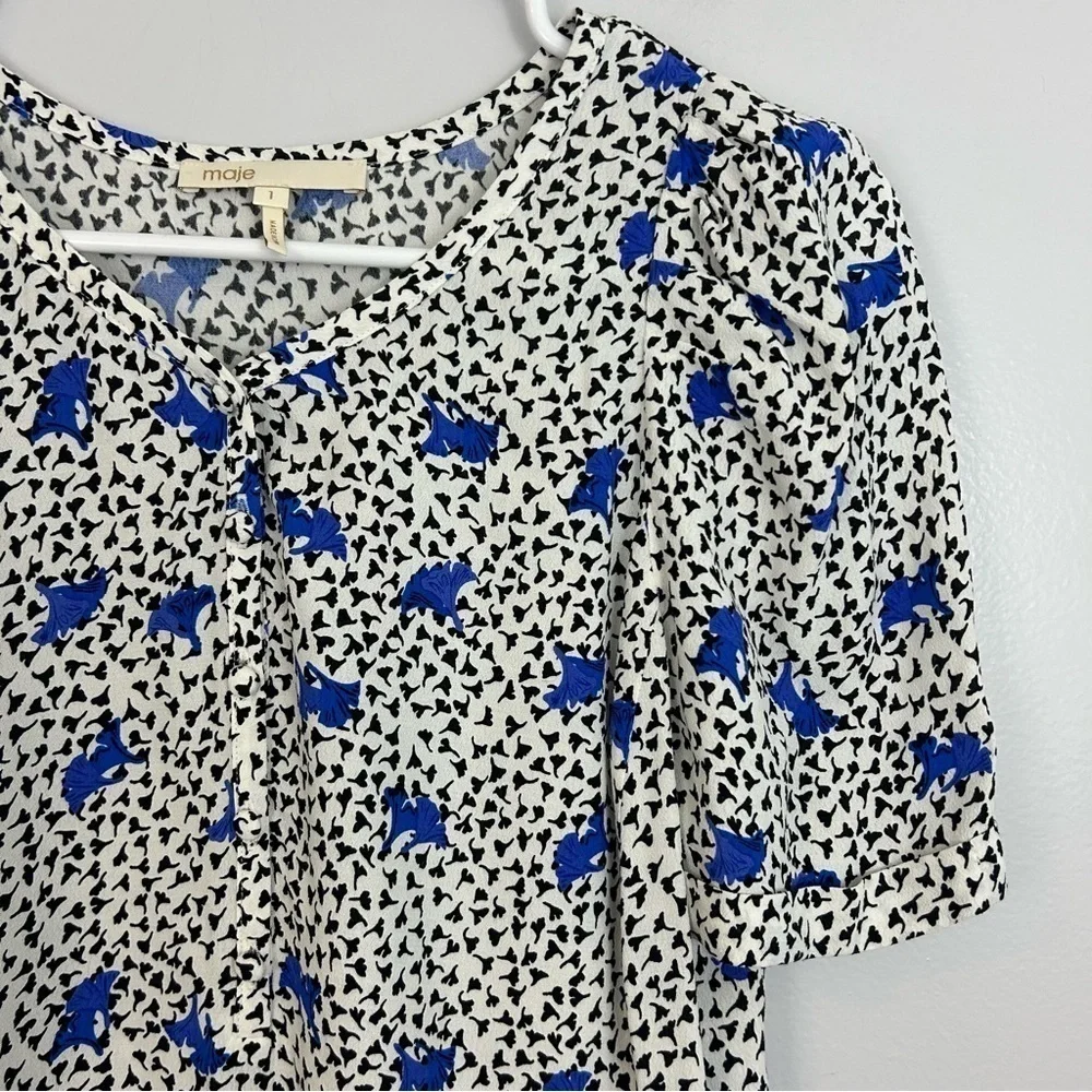 MAJE Lensam Floral Leaf Blue/White V-neck Short Puff Shoulder Blouse Size Small